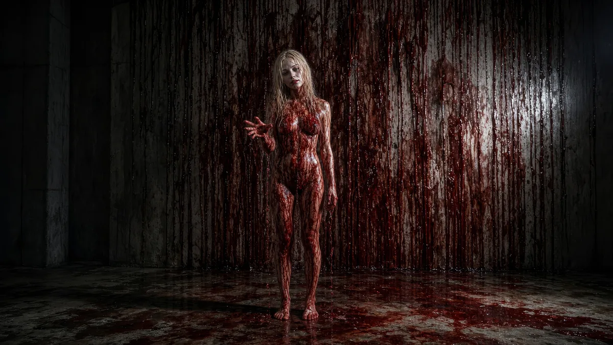 The Aftermath by Johnny MEMonic: a blood-soaked figure standing before a dripping red wall in a dark concrete room